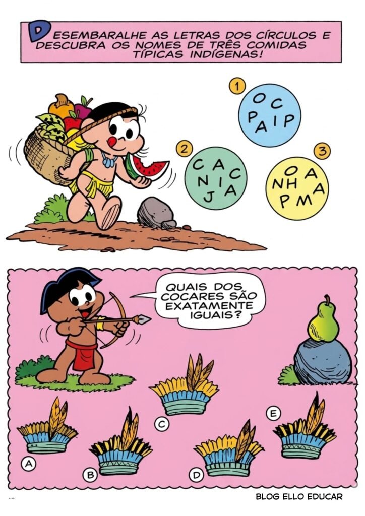 Passatempo Turma da Mônica povos Indígenas para imprimir