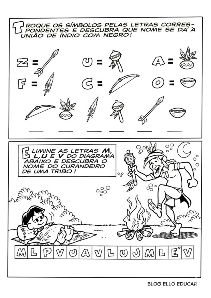 Passatempo Turma da Mônica povos Indígenas para imprimir