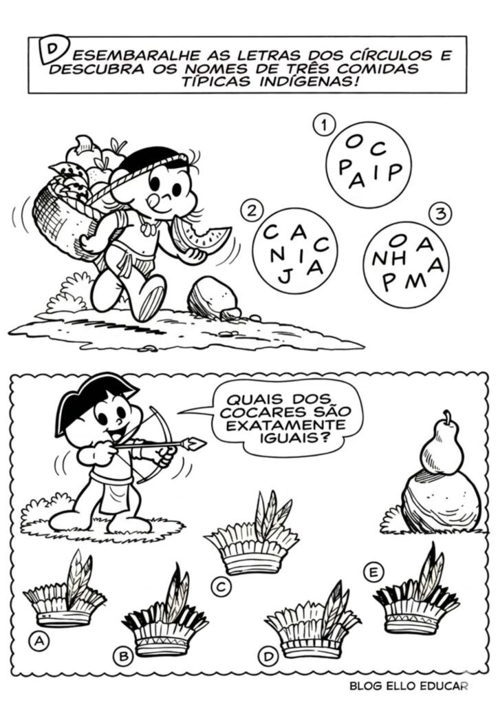 Passatempo Turma da Mônica povos Indígenas para imprimir