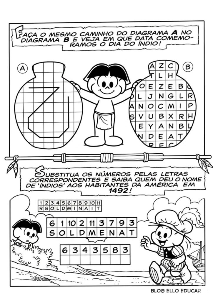 Passatempo Turma da Mônica povos Indígenas para imprimir