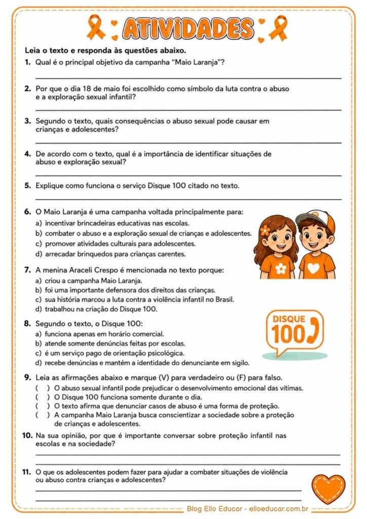Atividades sobre Maio Laranja 7° ano