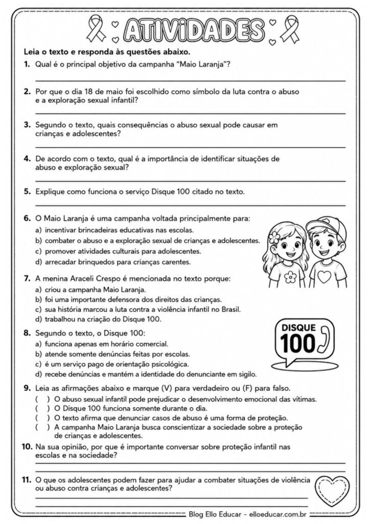 Atividades sobre Maio Laranja 7° ano