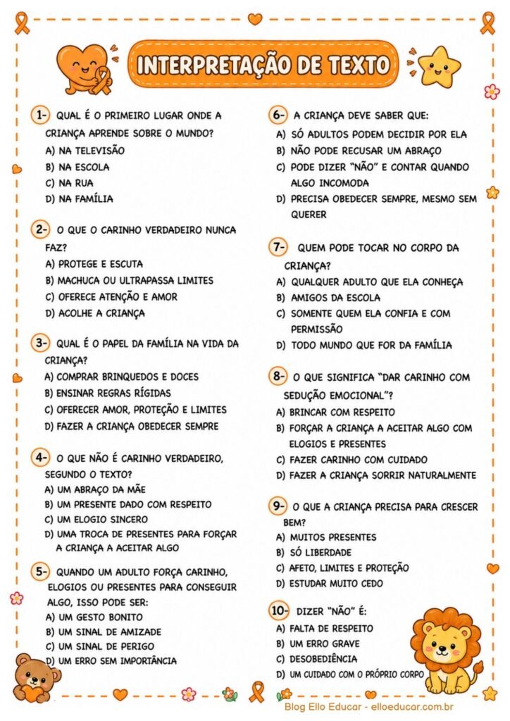 Atividades sobre Maio Laranja para 4° ano
