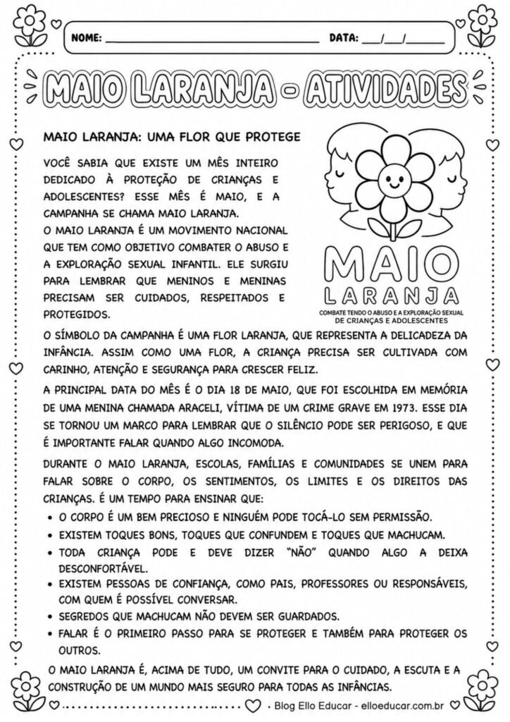 Atividades sobre Maio Laranja para 5° ano