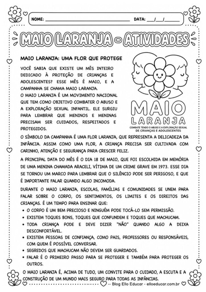Atividades sobre Maio Laranja para 6° ano