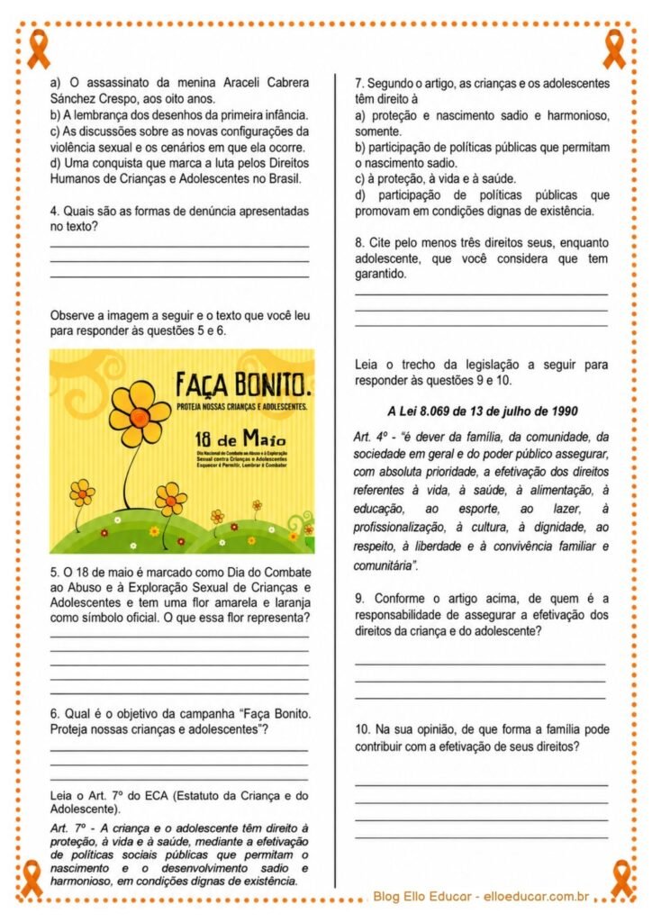 Atividades sobre Maio Laranja para 8° e 9° ano