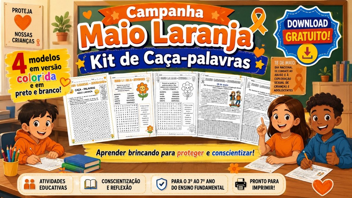 Caça-palavras sobre Maio Laranja: kit em PDF gratuito