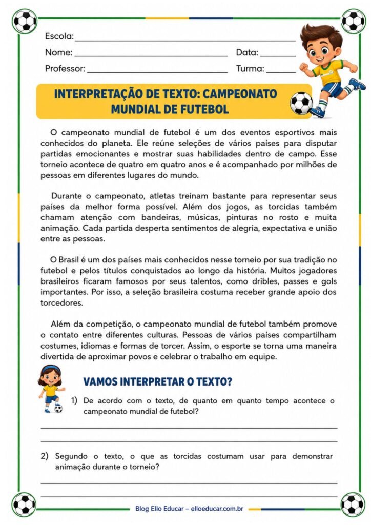 Atividade de Interpretação de Texto sobre a Copa do Mundo