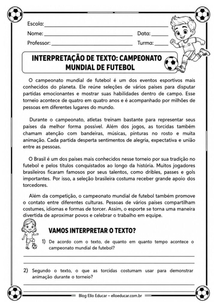 Atividade de Interpretação de Texto sobre a Copa do Mundo