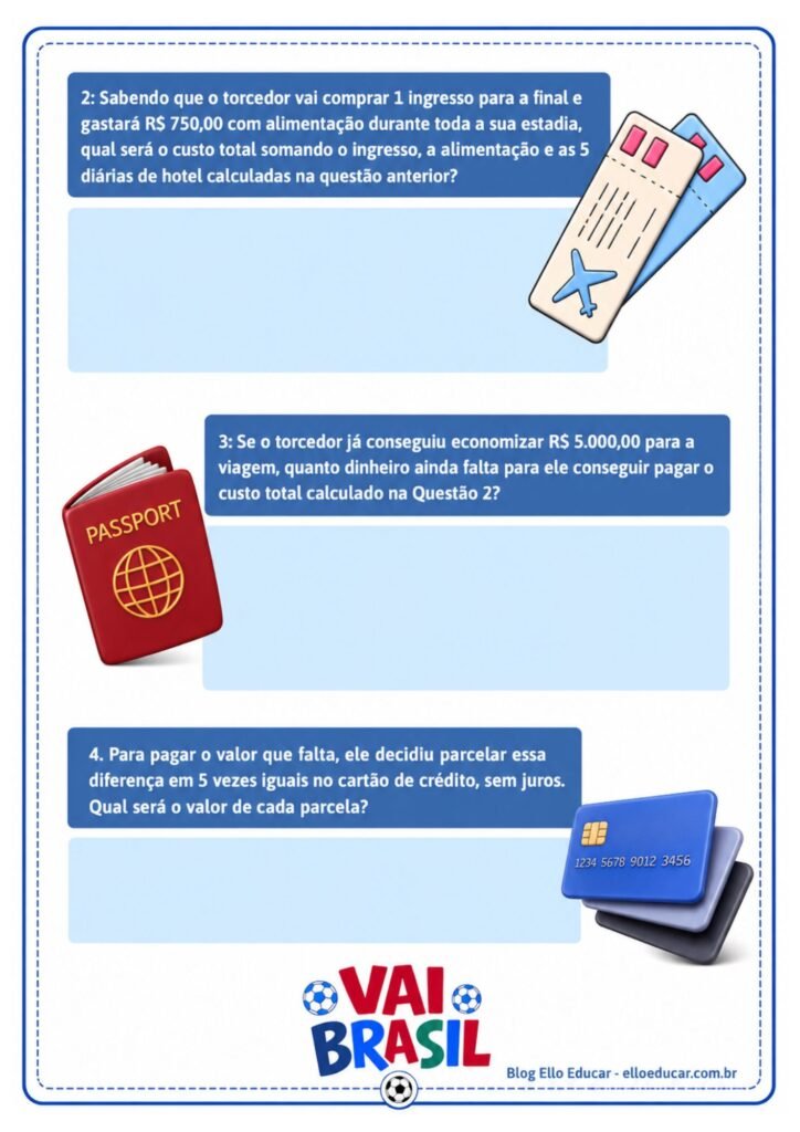Atividade de matemática da Copa do Mundo 4° e 5° ano sistema monetário.