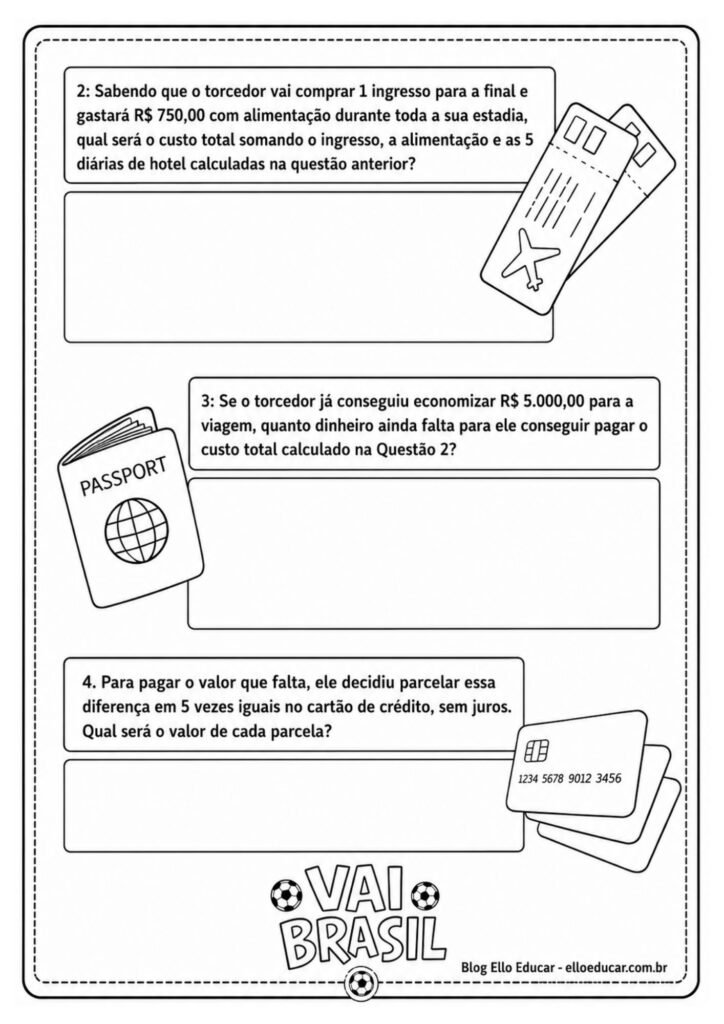 Atividade de matemática da Copa do Mundo 4° e 5° ano sistema monetário.