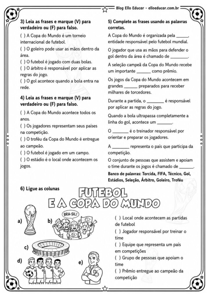 Atividades da Copa do Mundo com texto e interpretação