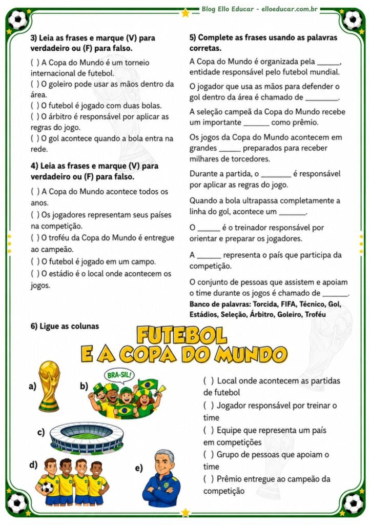 Atividades da Copa do Mundo com texto e interpretação