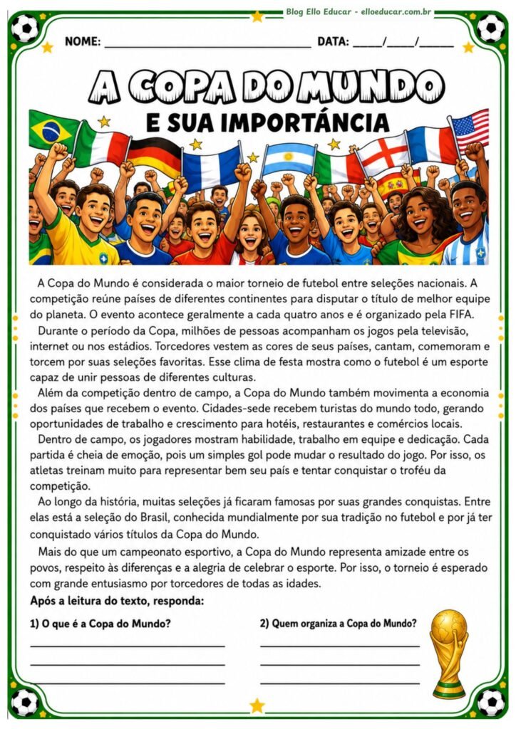 Atividades da Copa do Mundo com texto e interpretação