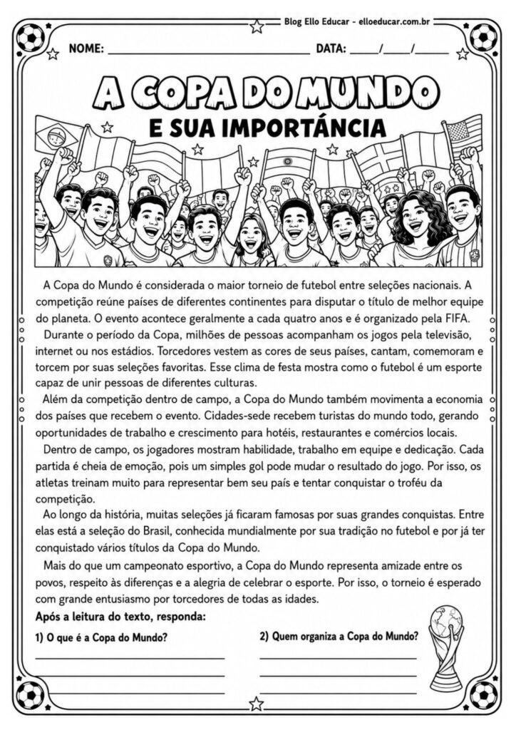Atividades da Copa do Mundo com texto e interpretação