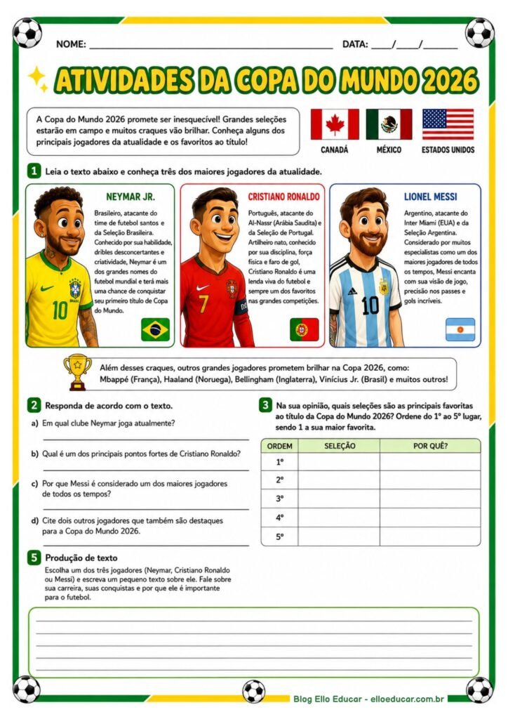 Atividades da Copa do Mundo para imprimir