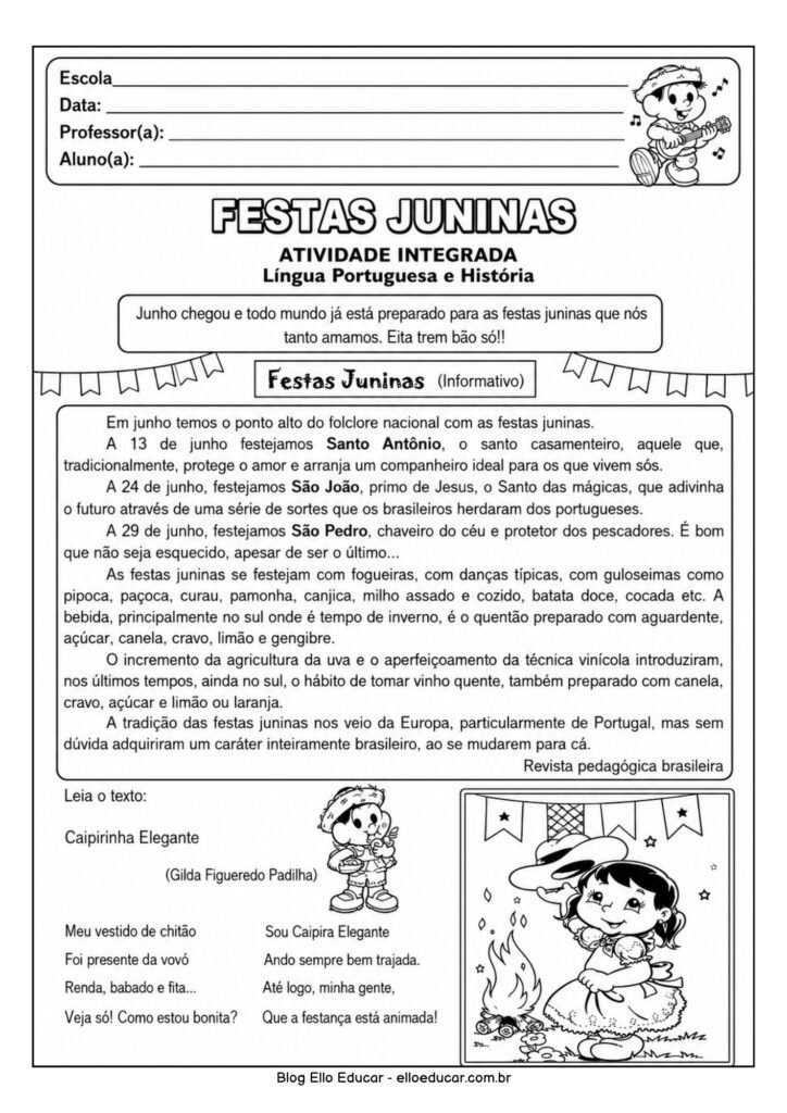 Atividades de Atividades de Português sobre Festas Juninas para 5° ano