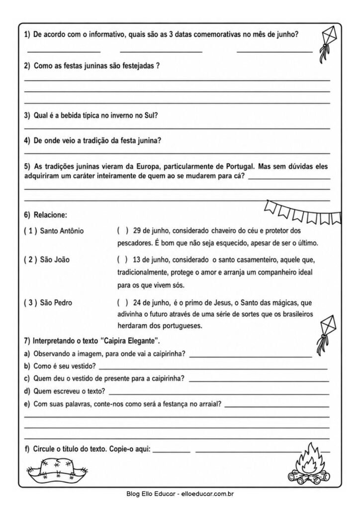 Atividades de Atividades de Português sobre Festas Juninas para 5° ano