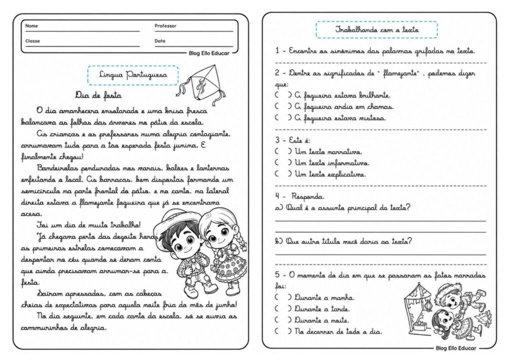 Atividades de Atividades de Português sobre Festas Juninas para 5° ano