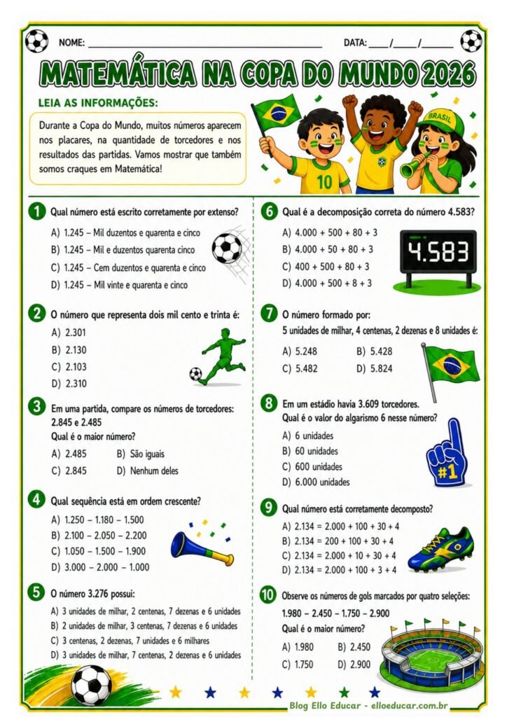 Atividades de Matemática da Copa do Mundo 4° ano