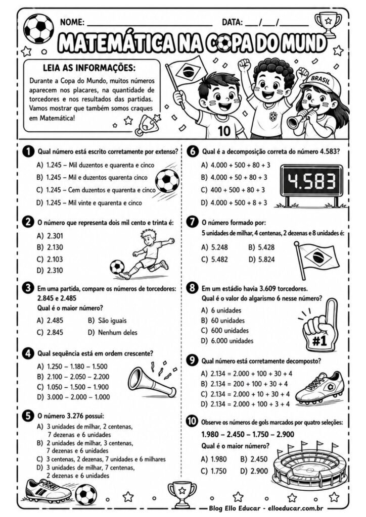 Atividades de Matemática da Copa do Mundo 4° ano
