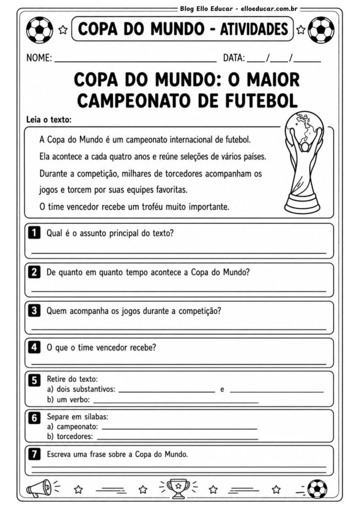 Atividades de português da Copa do Mundo 3° ano