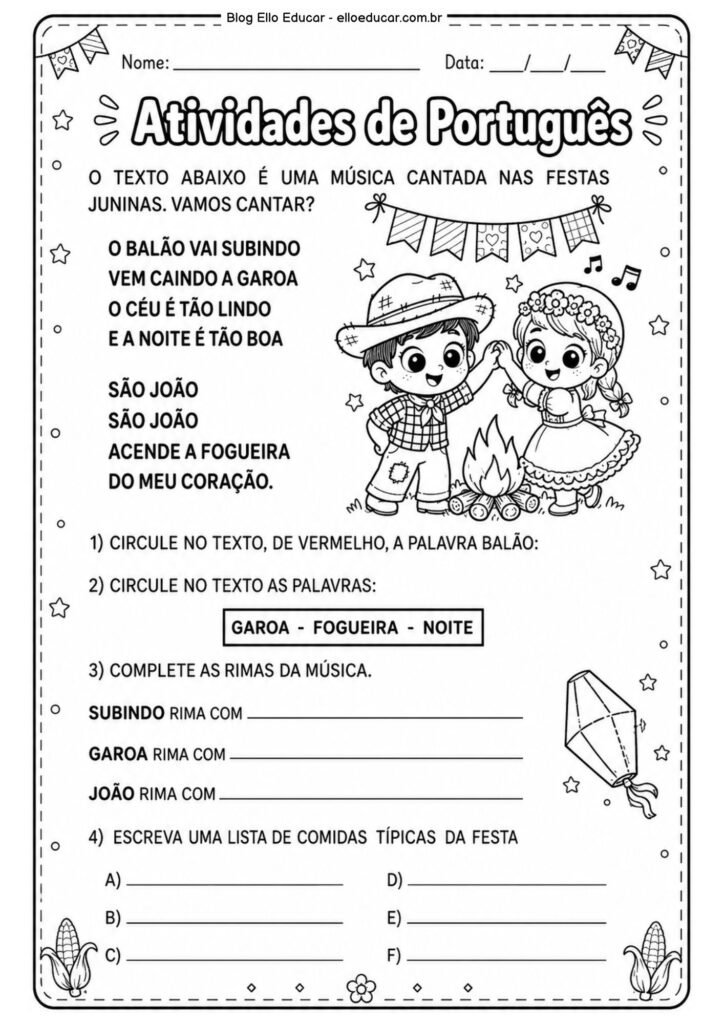 Atividades de Português sobre Festas Juninas para 2° ano