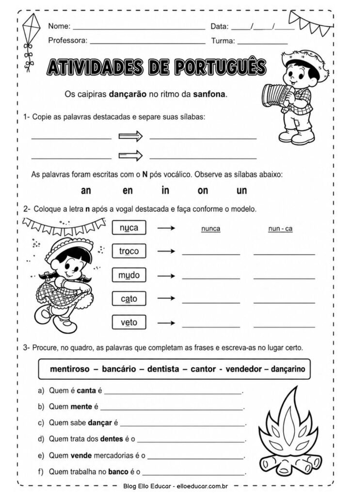 Atividades de Português sobre Festas Juninas para 3° ano