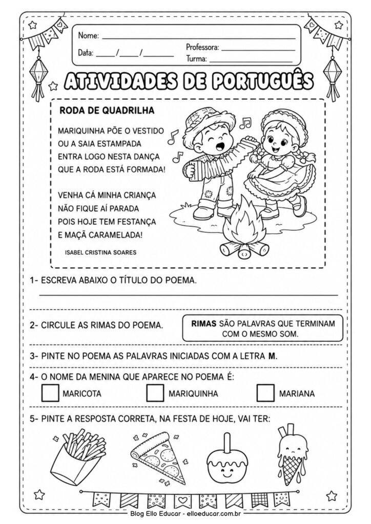 Atividades de Português sobre Festas Juninas para 3° ano