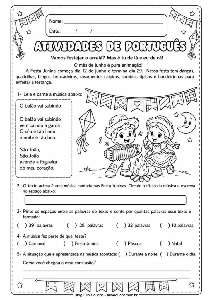 Atividades de Português sobre Festas Juninas para 3° ano