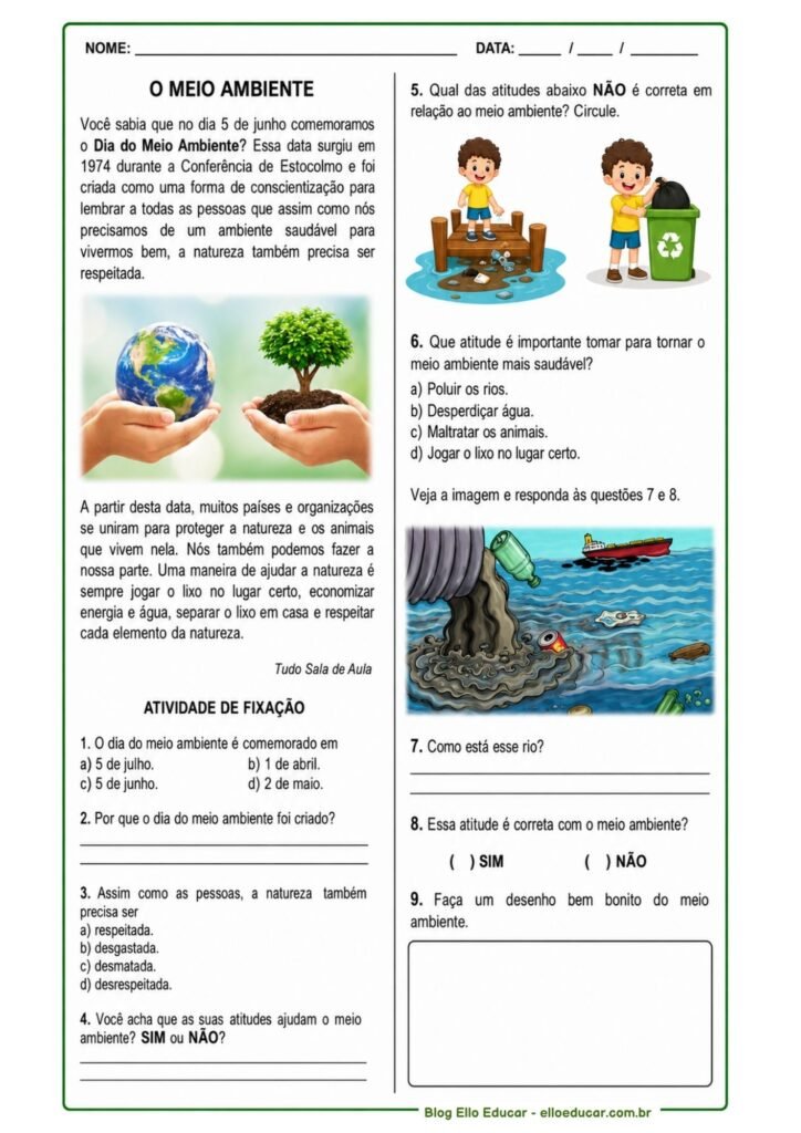 Atividades sobre Meio Ambiente 2° ano