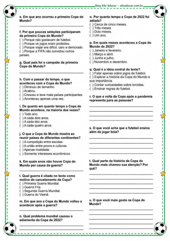 Atividade da Copa do Mundo 7° ao 9° ano.