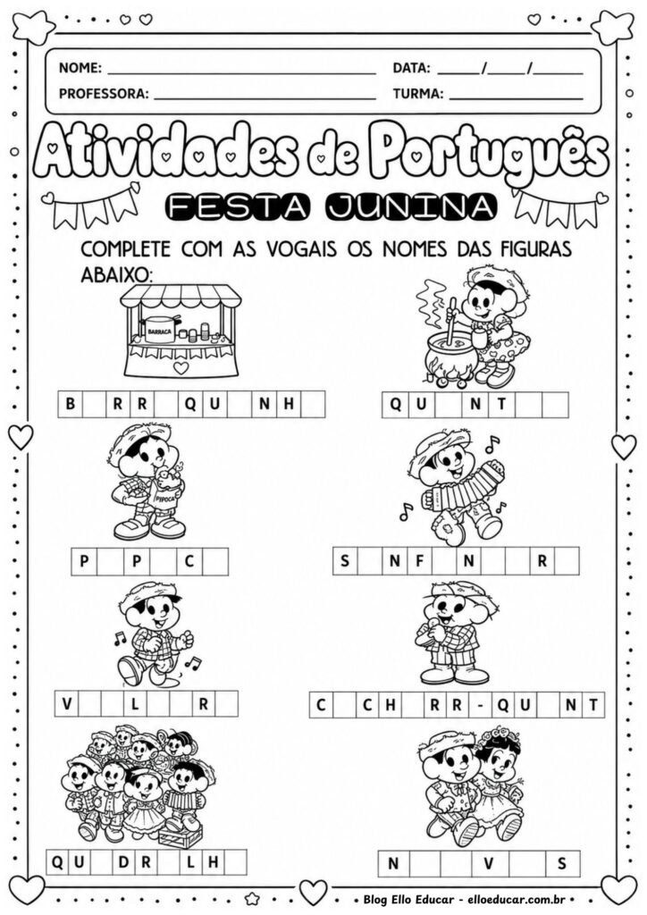Atividades de Português sobre Festas Juninas para 1° ano.