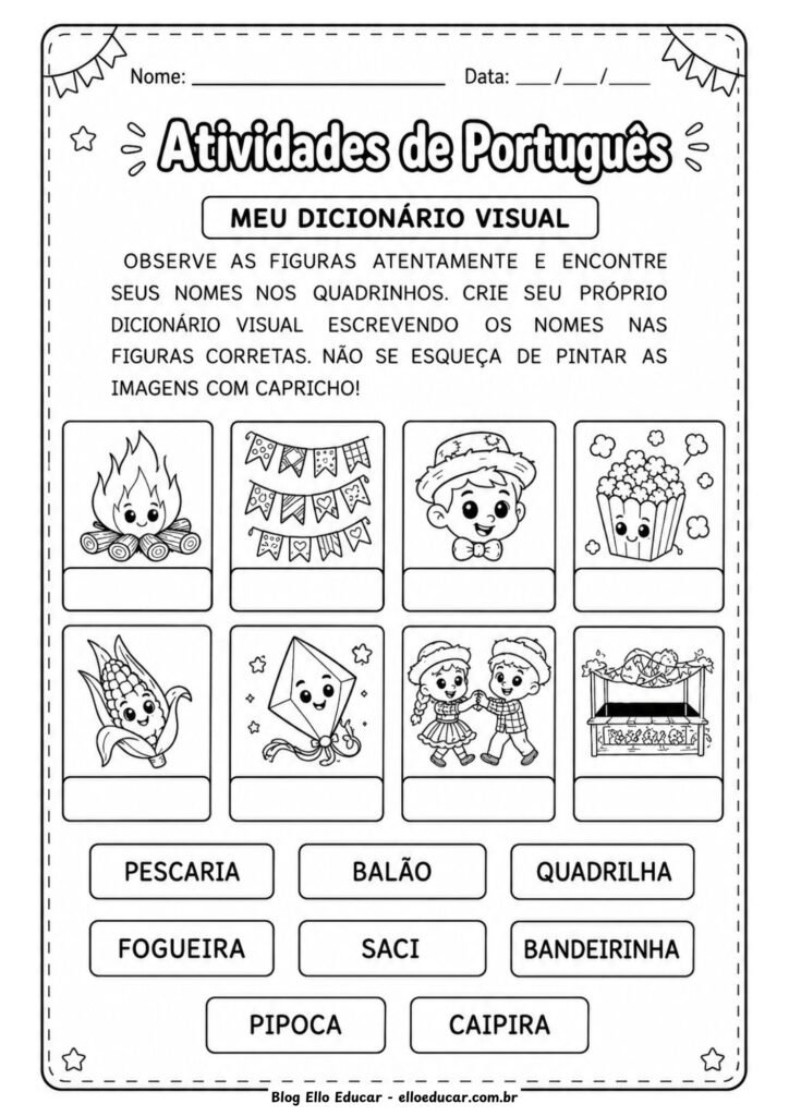 Atividades de Português sobre Festas Juninas para 1° ano.