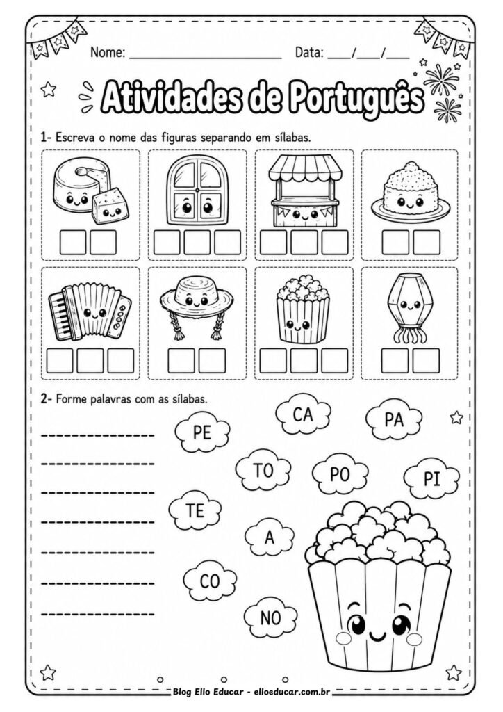 Atividades de Português sobre Festas Juninas para 1° ano.