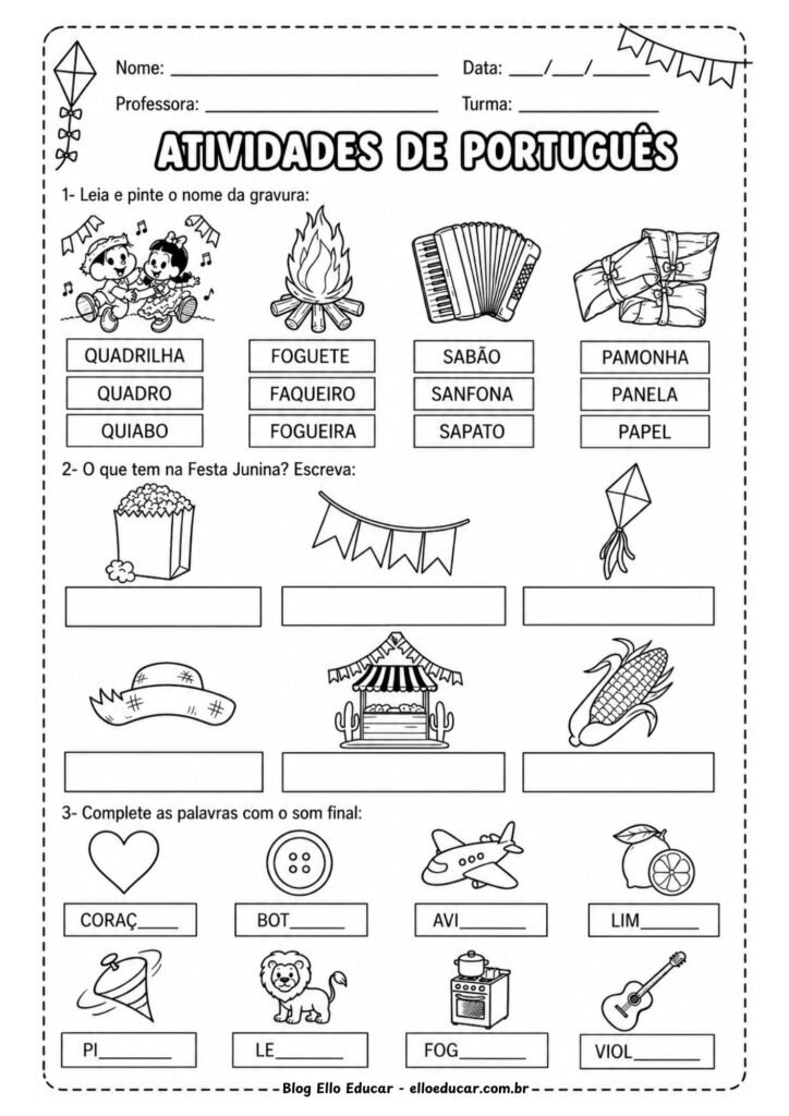 Atividades de Português sobre Festas Juninas para 1° ano.