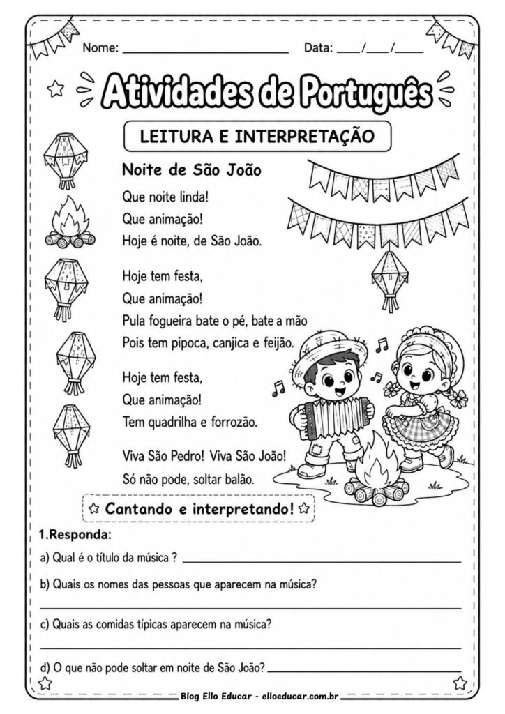 Atividades de Português sobre Festas Juninas para 1° ano.