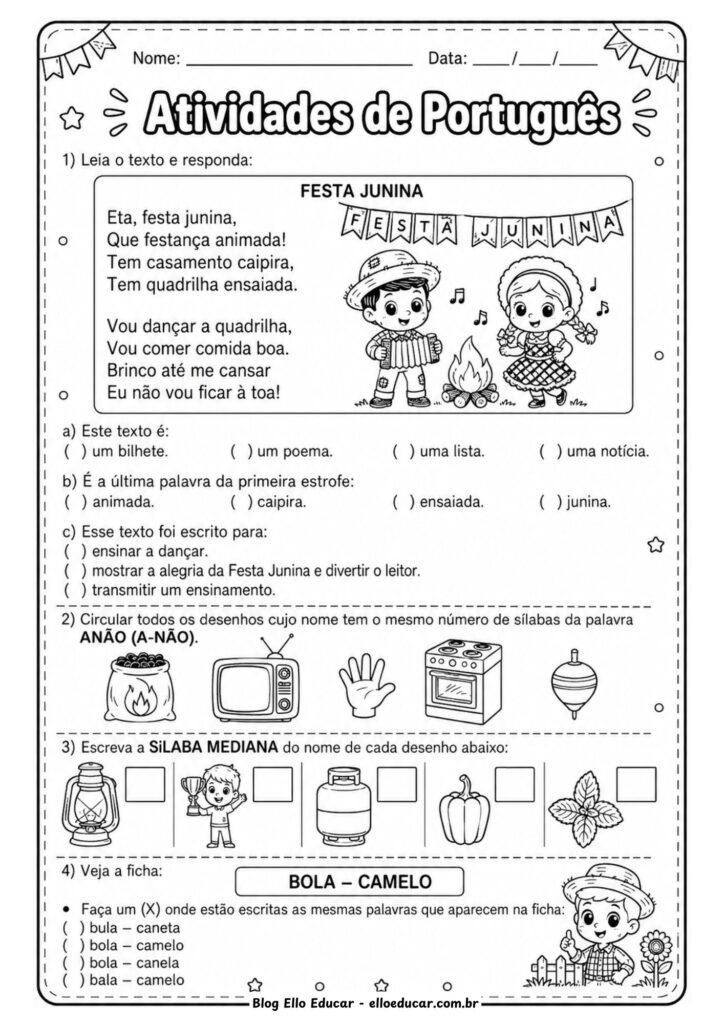 Atividades de Português sobre Festas Juninas para 1° ano.