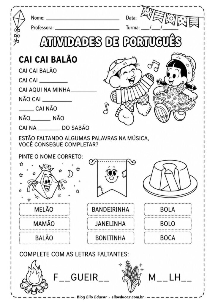 Atividades de Português sobre Festas Juninas para 1° ano.