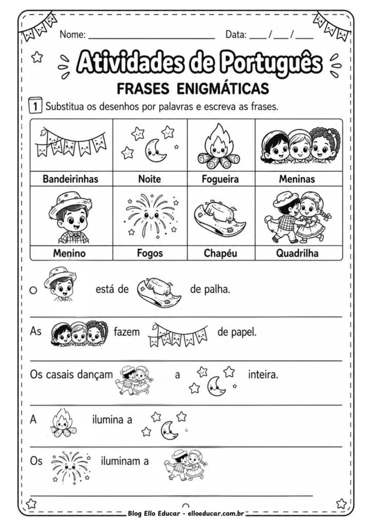 Atividades de Português sobre Festas Juninas para 1° ano.