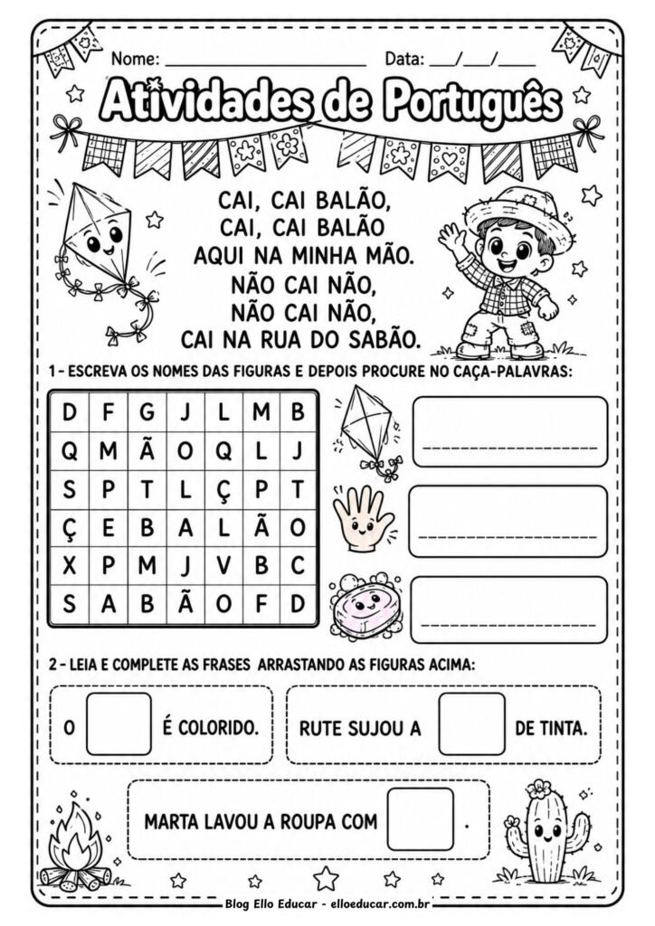 Atividades de Português sobre Festas Juninas para 1° ano.