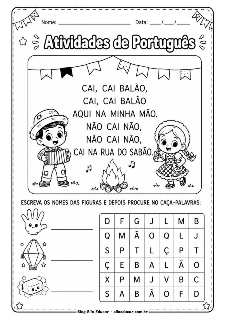 Atividades de Português sobre Festas Juninas para 1° ano.