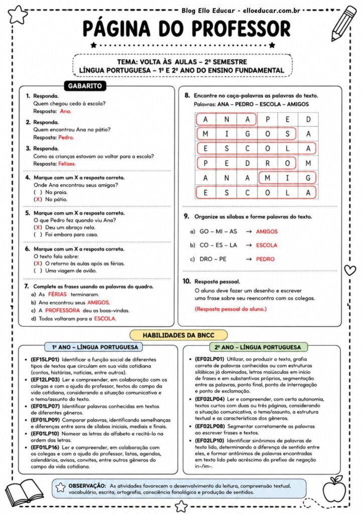 Atividades de volta às aulas segundo semestre 1° e 2° ano.