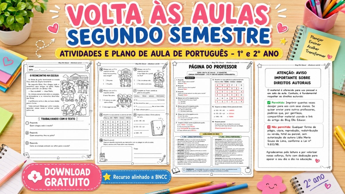 Atividades de Volta às Aulas Segundo Semestre 1° e 2° ano: Recurso gratuito com Plano de Aula