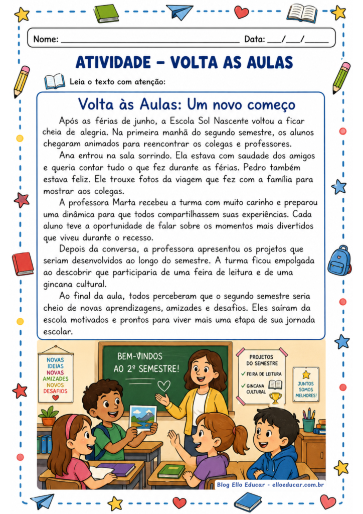 Atividades de volta às aulas segundo semestre 4° ano