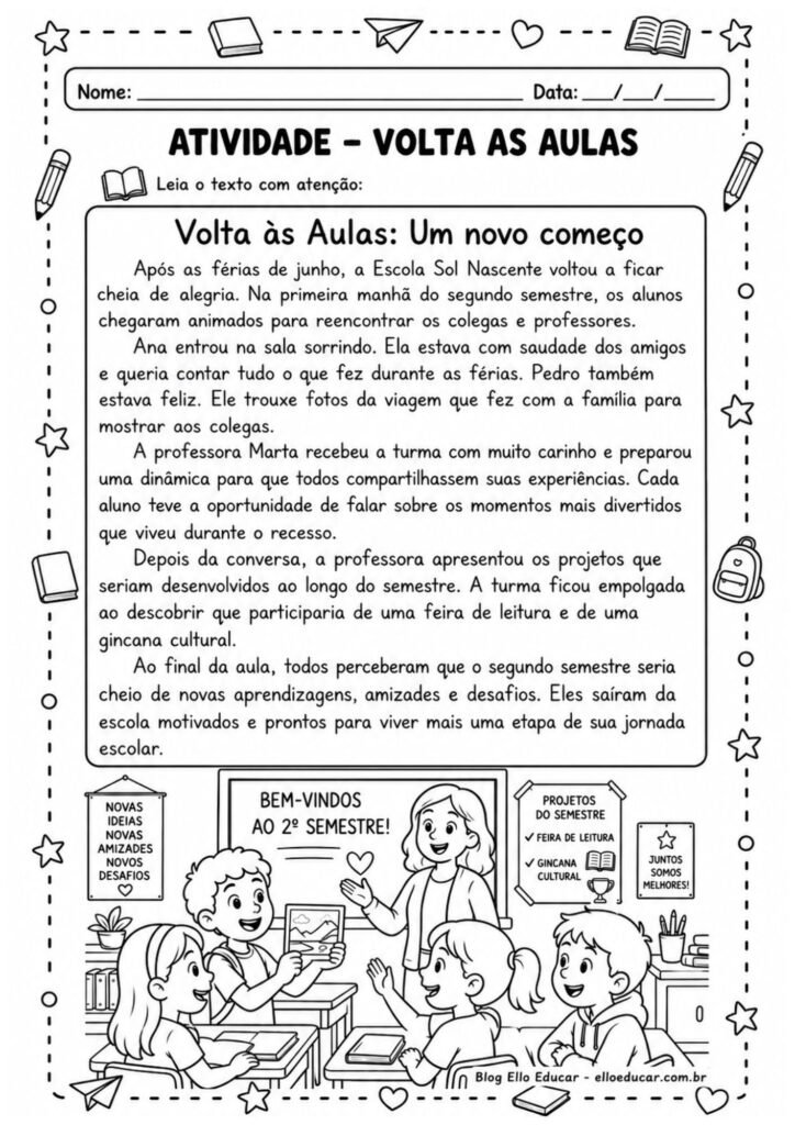 Atividades de volta às aulas segundo semestre 4° ano