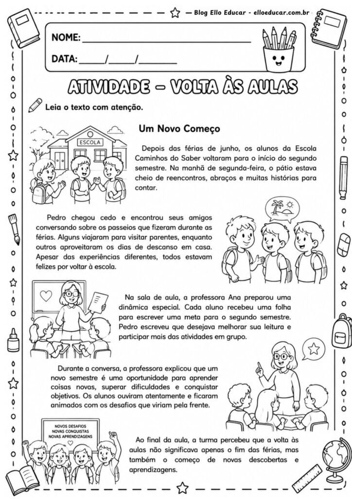 Atividades de volta às aulas segundo semestre 5° ano