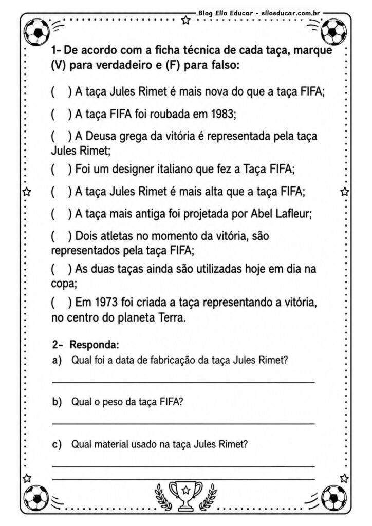 Atividades sobre os troféus da copa do Mundo