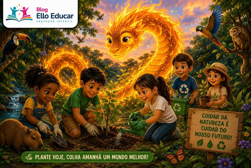 Crianças plantando mudas de árvores enquanto o Boitatá observa a floresta preservada.