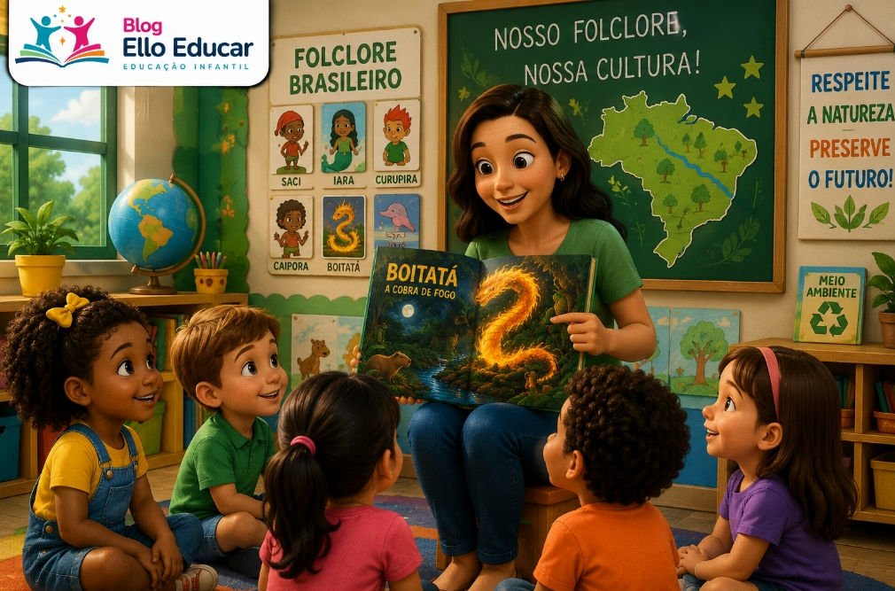 Professora contando a Lenda do Boitatá para alunos utilizando um livro ilustrado